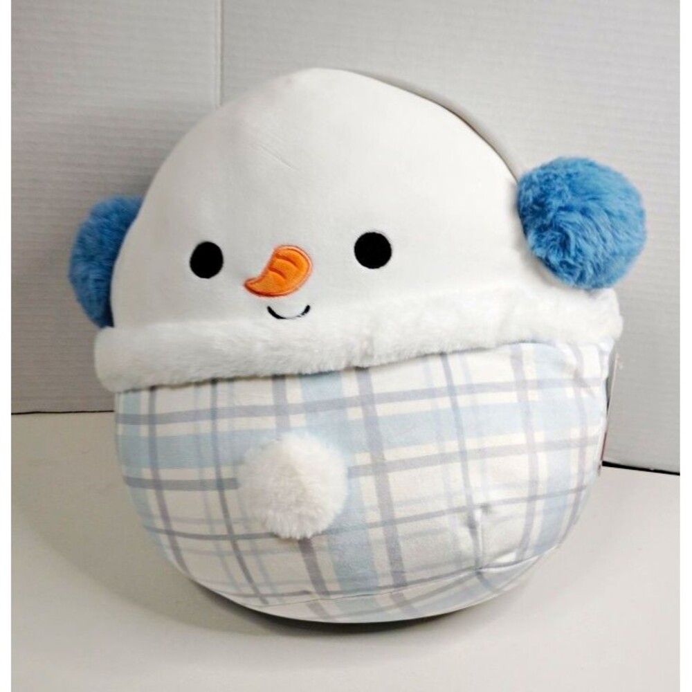 Squishmallows Manny Snowman Plush White/Blue/Gray Plaid Earmuffs, 2022